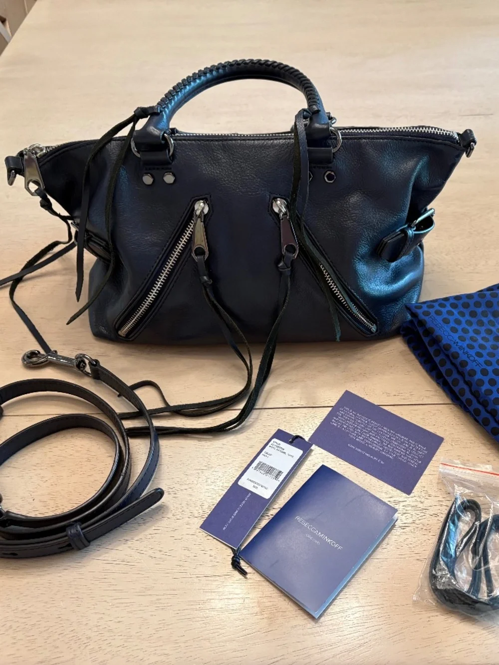 Rebecca Minkoff Moto Satchel Tote Navy Pebbled Leather w/ Strap, Dust Bag